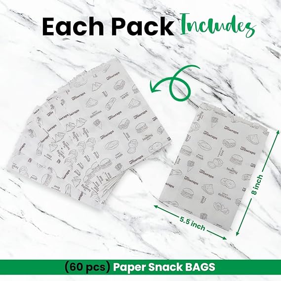 Oddy Uniwraps Multi-Purpose Paper Snack Bags with Sealing Stickers | Pack of 60 Bags, 8x5.5 Inch Each