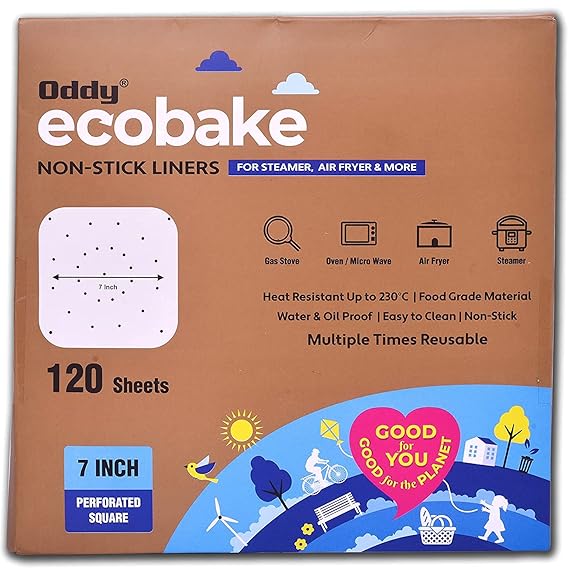 Oddy Ecobake+ Non-Stick Baking Paper for Steamer, Airfryer & More - Perforated, 7 Inch Square, 120 Pcs, White