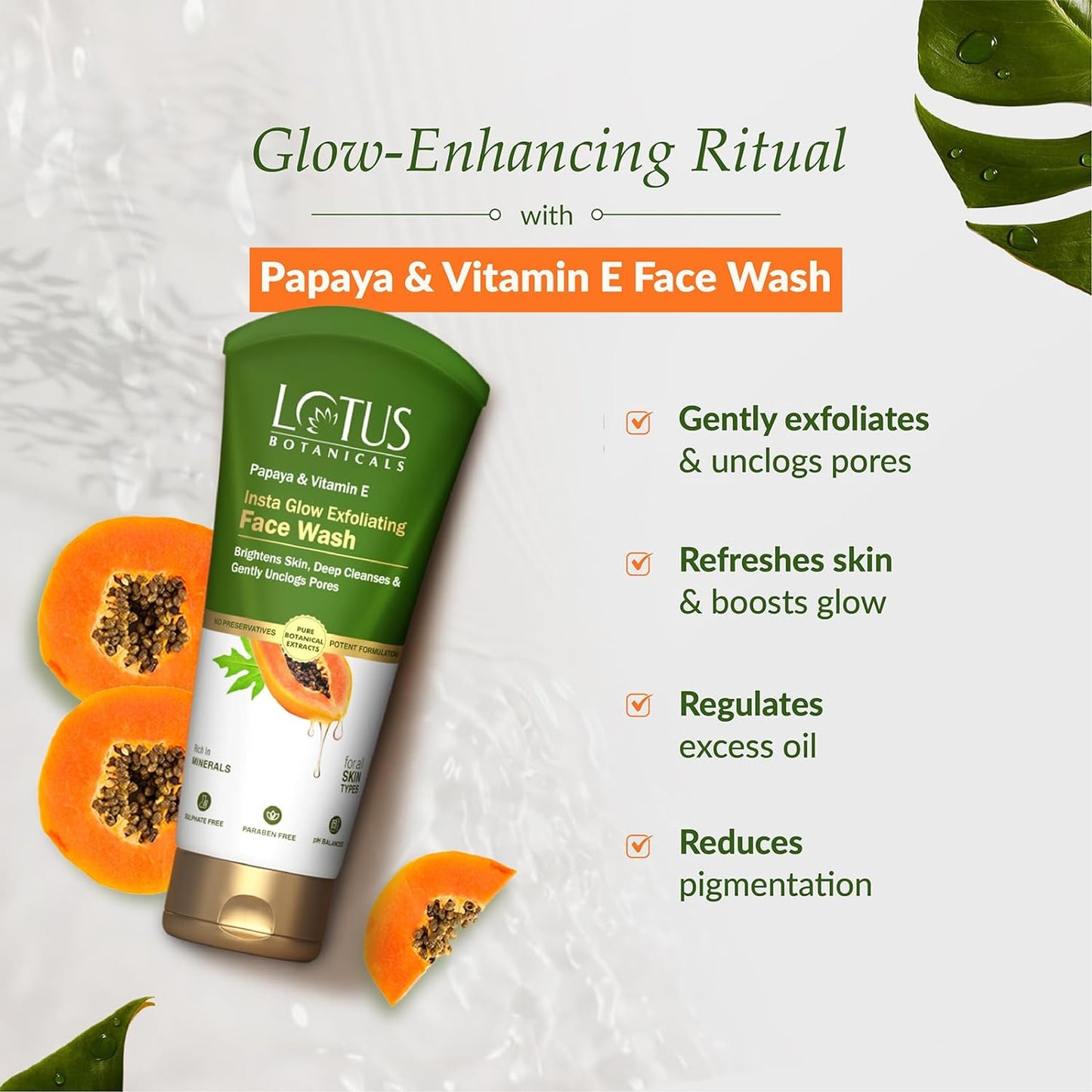 Lotus Botanicals Papaya & Vitamin E Insta Glow Exfoliating Face Wash | Brightens Skin | Deep Cleanses | Suitable for All Skin Types | 100ml