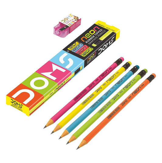 DOMS Neon Rubber Tipped HB/2 Graphite Pencils Box Pack | Non-Toxic | Free Sharpner Inside The Box | Easy & Smooth Sharpening | Pack Of 10 Pencils