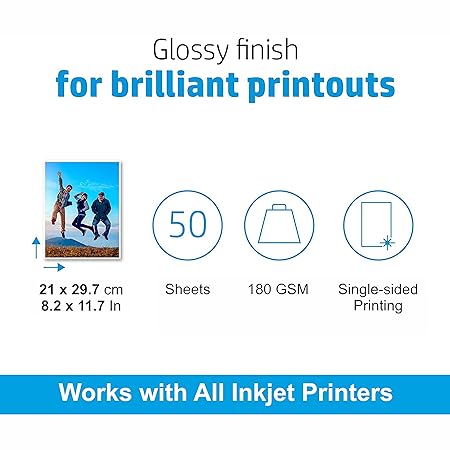 Oddy 180 GSM A4 Size Glossy Photo Paper – Waterproof, Instant Drying, Pack of 50 Sheets, Compatible with Inkjet Printer