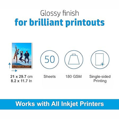 Oddy 180 GSM A4 Size Glossy Photo Paper – Waterproof, Instant Drying, Pack of 50 Sheets, Compatible with Inkjet Printer