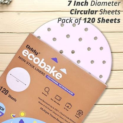 Oddy Ecobake+ Non-Stick Baking Paper for Steamer, Airfryer & More - Perforated, 7 Inch Circle, 120 Pcs, White