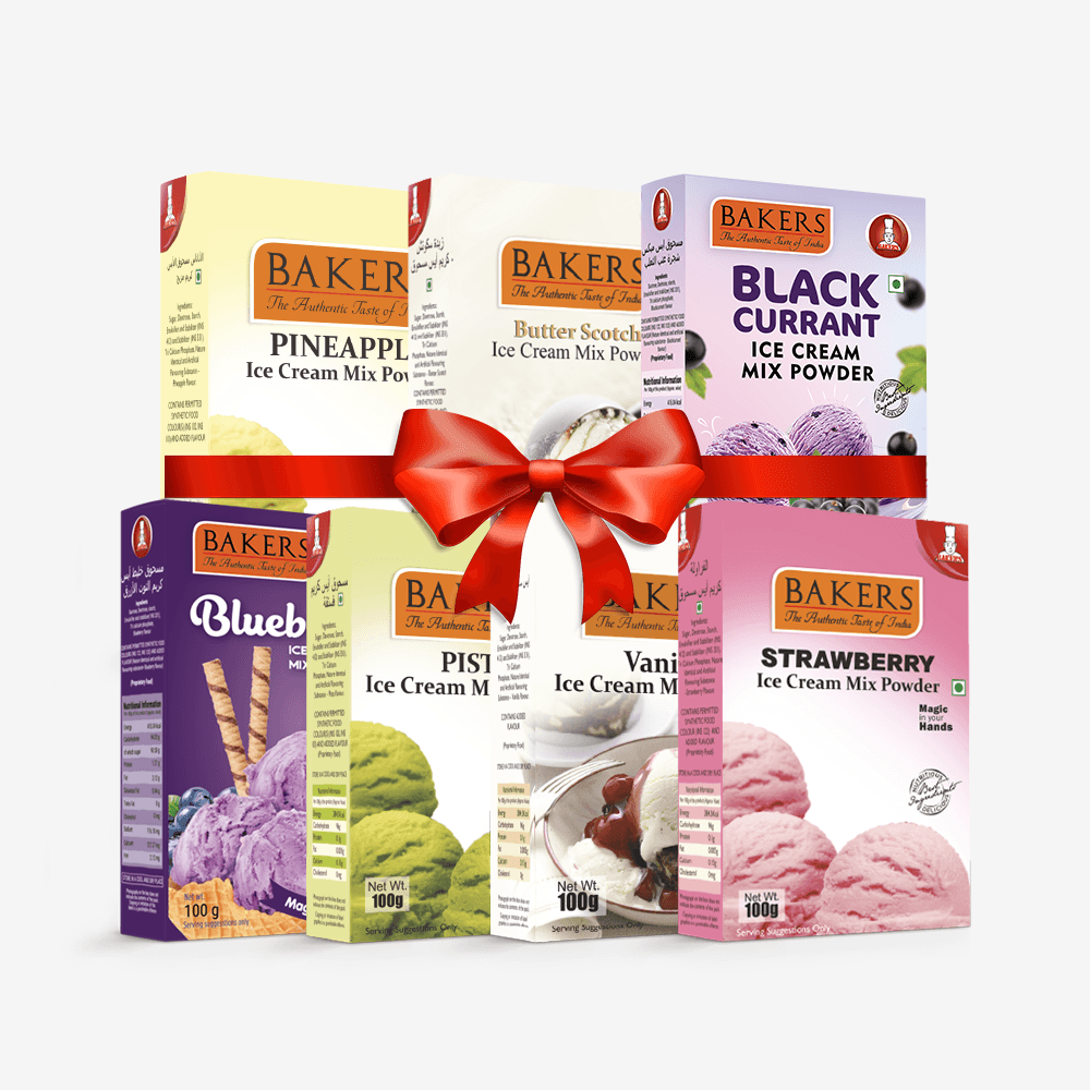 BAKERS Ice Cream Mix Powder - Black Currant + Blueberry + Butter Scotch + Pineapple + Pista + Strawberry + Vanilla Pack of 7 - Pluugin Store