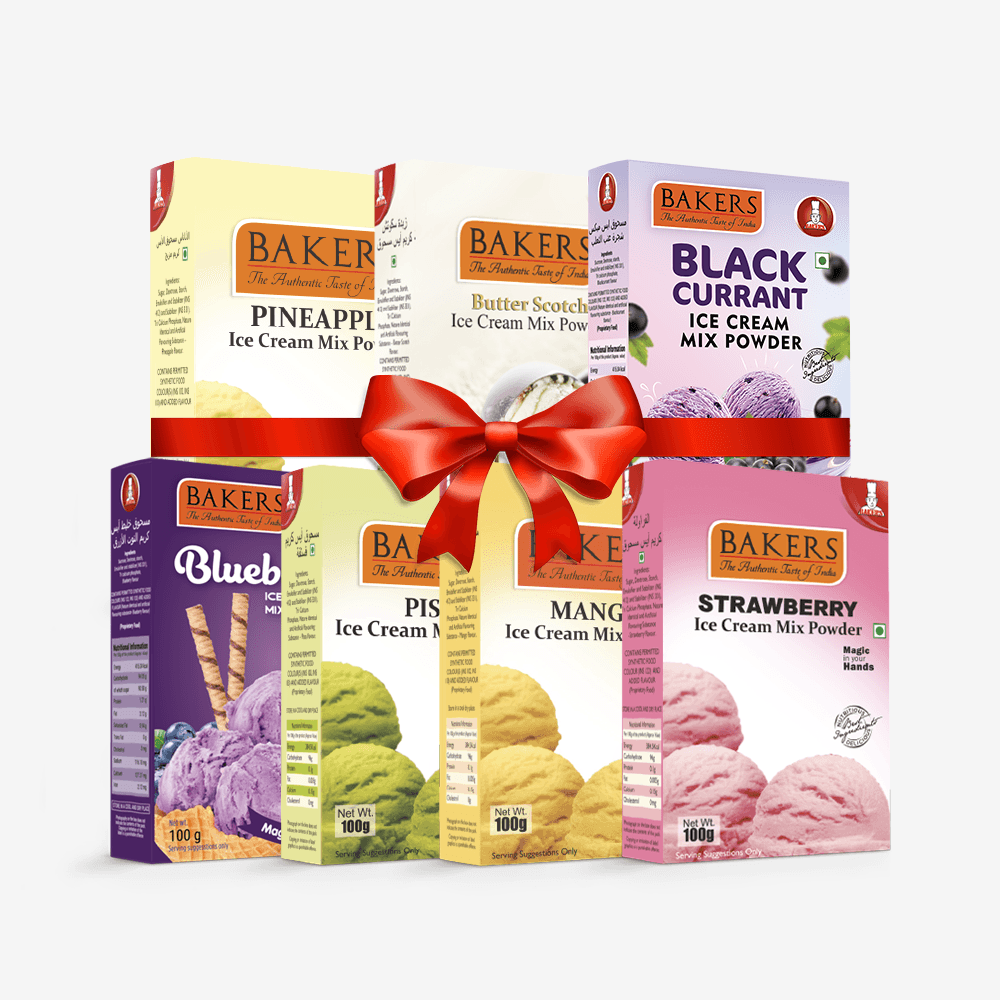 BAKERS Ice Cream Mix Powder - Black Currant + Blueberry + Butter Scotch + Pineapple + Pista + Strawberry + Mango Pack of 7 - Pluugin Store