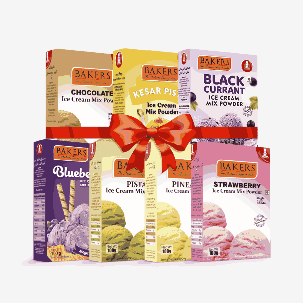 BAKERS Ice Cream Mix Powder - Black Currant + Blueberry + Chocolate + Kesar Pista + Pineapple + Pista + Strawberry  Pack of 7 Pluugin Store