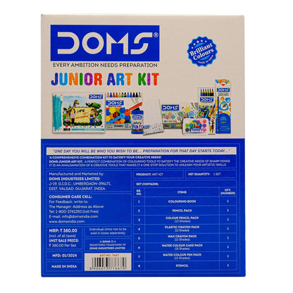 Doms Jonior Art Kit | Comes With Transparent Zipper Bag | Perfect Value Pack | Kit For School Essentials | Gifting Range For Kids | Combination of 8 Stationery Items