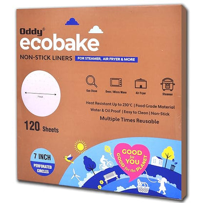 Oddy Ecobake+ Non-Stick Baking Paper for Steamer, Airfryer & More - Perforated, 7 Inch Circle, 120 Pcs, White