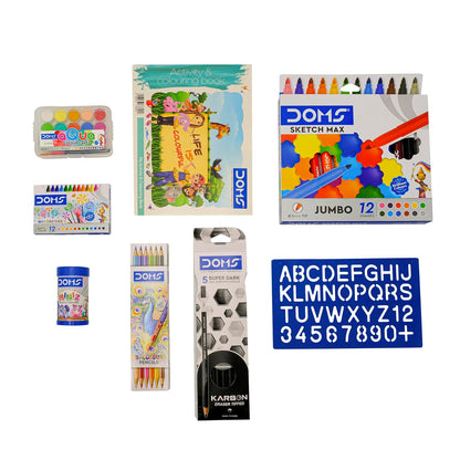 Doms Jonior Art Kit | Comes With Transparent Zipper Bag | Perfect Value Pack | Kit For School Essentials | Gifting Range For Kids | Combination of 8 Stationery Items