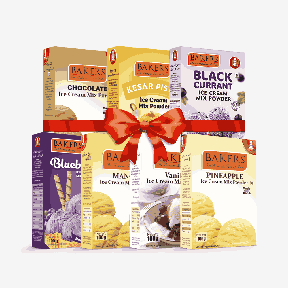 BAKERS Ice Cream Mix Powder - Black Currant + Blueberry + Chocolate + Kesar Pista + Pineapple + Vanilla + Mango  Pack of 7 Pluugin Store