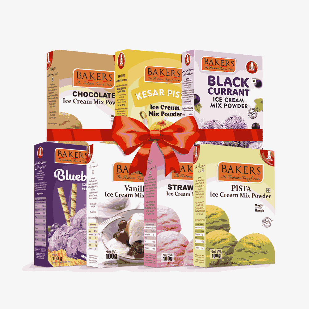 BAKERS Ice Cream Mix Powder - Black Currant + Blueberry + Chocolate + Kesar Pista + Pista + Strawberry + Vanilla  Pack of 7 Pluugin Store