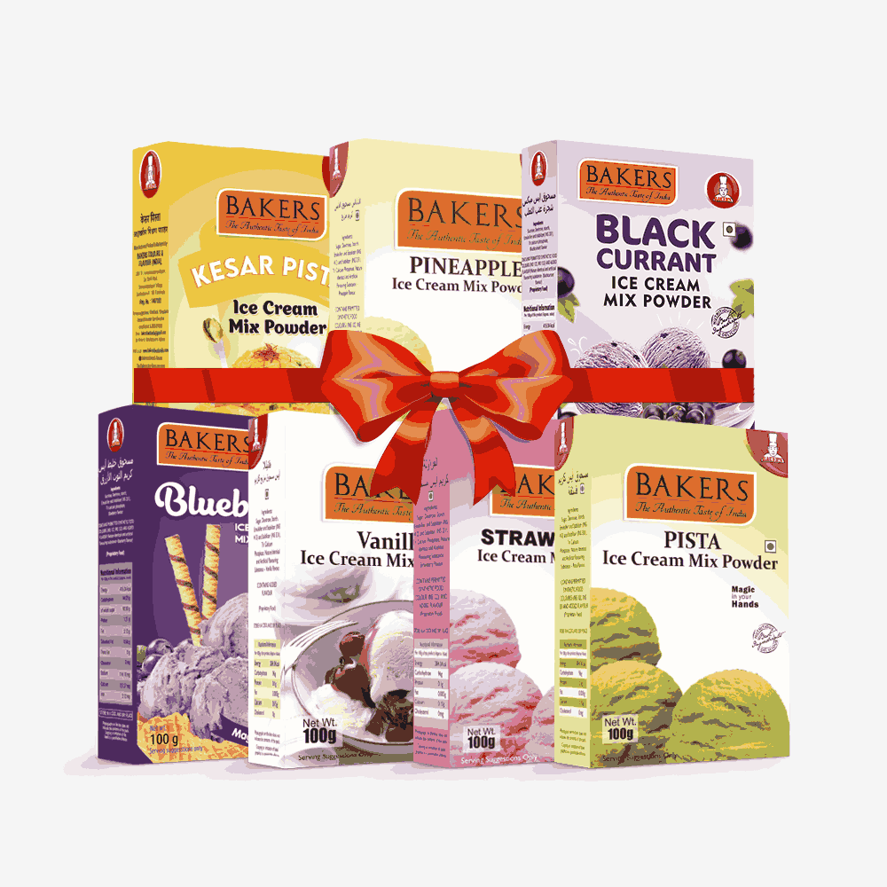 BAKERS Ice Cream Mix Powder - Black Currant + Blueberry + Kesar Pista + Pineapple + Pista + Strawberry + Vanilla  Pack of 7 Pluugin Store