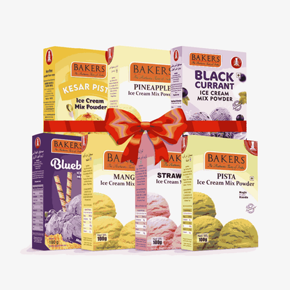 BAKERS Ice Cream Mix Powder - Black Currant + Blueberry + Kesar Pista + Pineapple + Pista + Strawberry + Mango  Pack of 7 Pluugin Store