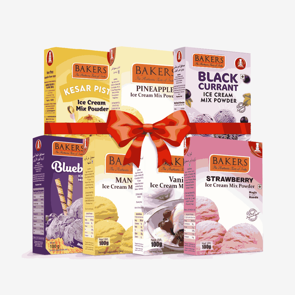 BAKERS Ice Cream Mix Powder - Black Currant + Blueberry + Kesar Pista + Pineapple + Strawberry + Vanilla + Mango  Pack of 7 Pluugin Store