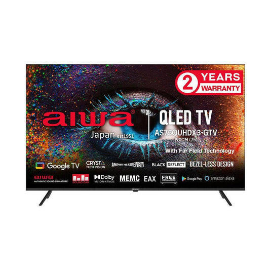 AIWA 190 CMS (75 Inch) Ultra HD 4K Smart Android Google QLED TV, Bezel-Less Design - Netflix, YouTube, Alexa, Inbuilt Chromecast, Aiwa Signature Sound, MEMC, Far Field Technology, 2 Years Warranty (Black) - Pluugin Store