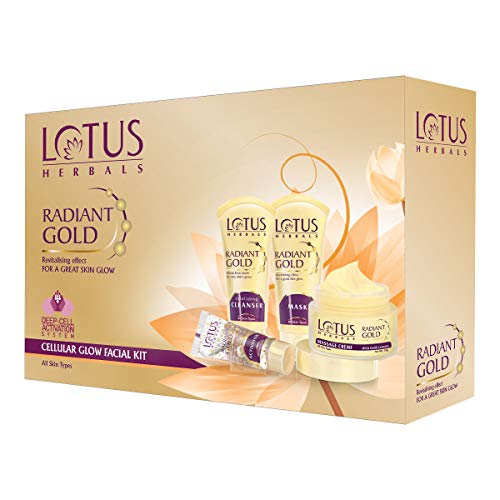 Lotus Herbals Radiant Gold Cellular Glow 5 in 1 Facial Kit | With 24K Gold leaves | For Skin Glow | All Skin Types | 170g