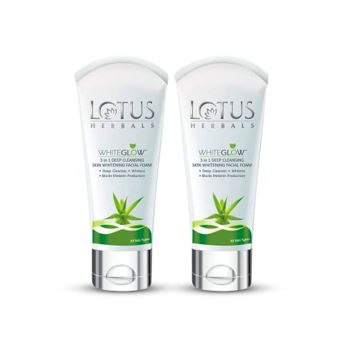 Lotus Herbals Whiteglow 3 In 1 Deep Cleaning Skin Whitening Facial Foam | Chemical Free | With Milk Enzymes & Aloe Vera Gel | For All Skin Types | 100g, pack of 2