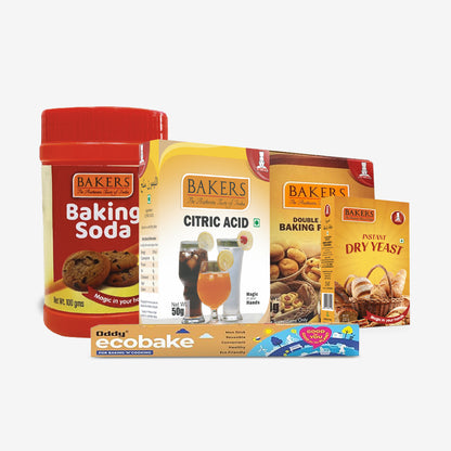 Bake Easy Essentials Pack 2 - BAKING POWDER 50G + BAKING SODA 100 G jar + INSTANT DRY YEAST 25gm+ CITRIC ACID 50gm + ODDY ECO BAKE  20M