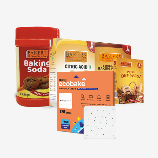 Bake Easy Essentials Pack 3 - BAKING POWDER 50G + BAKING SODA 100 G jar + INSTANT DRY YEAST 25gm+ CITRIC ACID 50gm + ODDY ECO BAKE  PAPER 7 INCH SQUARE