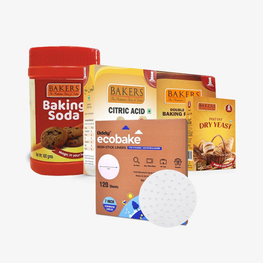 Bake Easy Essentials Pack 4 - BAKING POWDER 50G + BAKING SODA 100 G jar + INSTANT DRY YEAST 25gm+ CITRIC ACID 50gm + ODDY ECO BAKE PAPER 7 INCH CIRCLE - Pluugin Store
