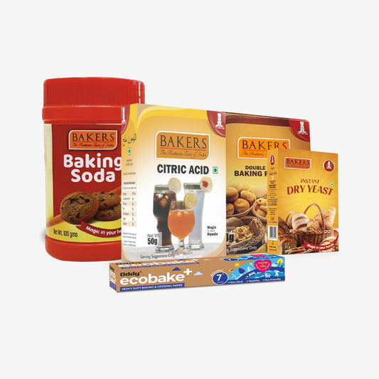 Bake Easy Essentials Pack 5 - BAKING POWDER 50G + BAKING SODA 100 G jar + INSTANT DRY YEAST 25gm+ CITRIC ACID 50gm + ODDY ECO BAKE  5M