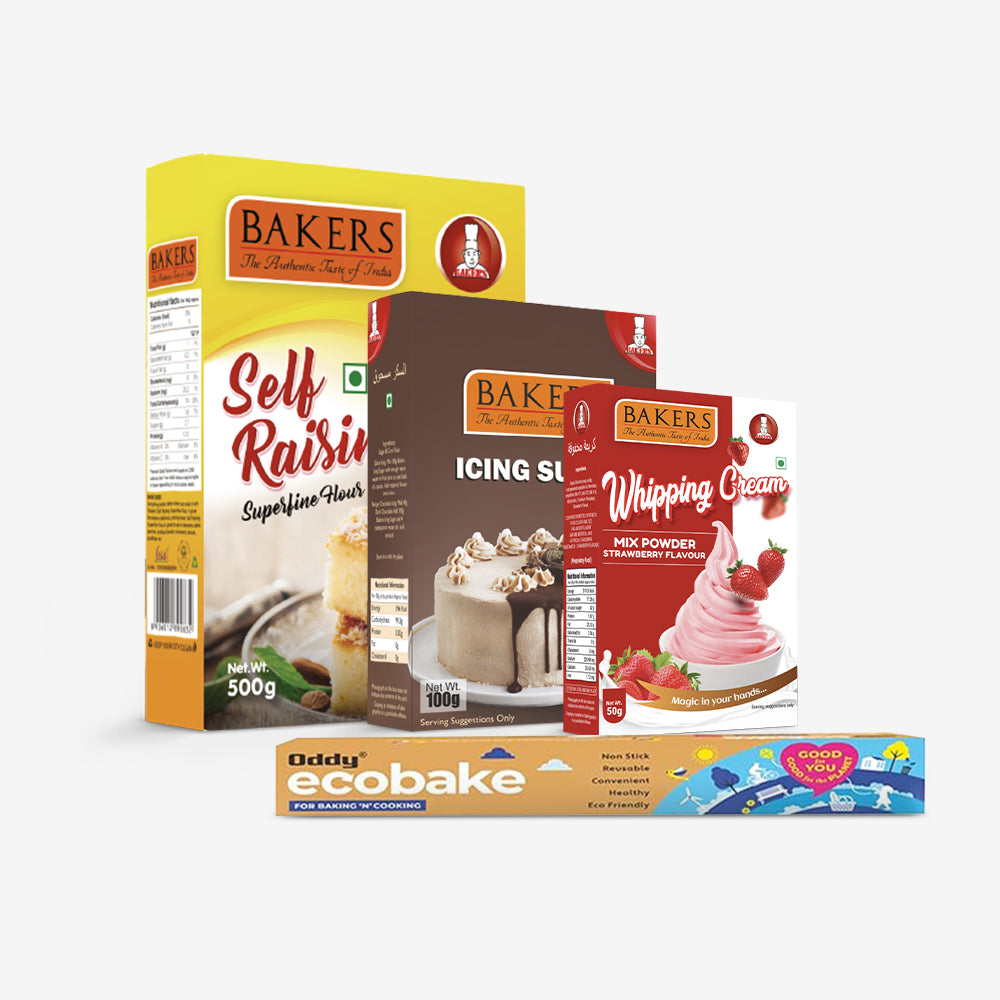 CAKE BAKE ESSENTIALS COMBO 1 - BAKERS Self-Raising Flour + Whipping Cream Strawberry + Icing Sugar + Oddy Ecobake  Heavy Duty Coated Cooking Paper