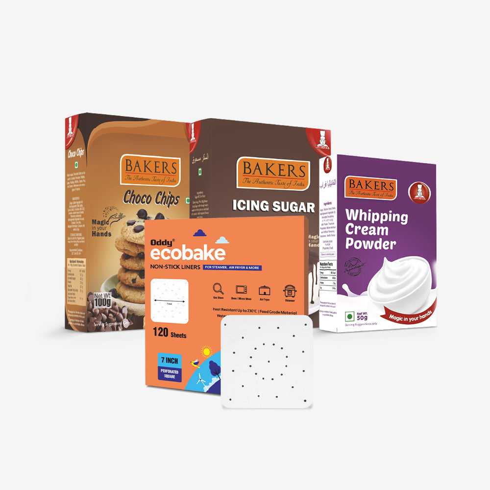 CAKE BAKE ESSENTIALS COMBO 15 - BAKERS Choco Chips  + Whipping Cream Vanilla+ Icing Sugar + ODDY ECO BAKE  PAPER 7 INCH SQUARE