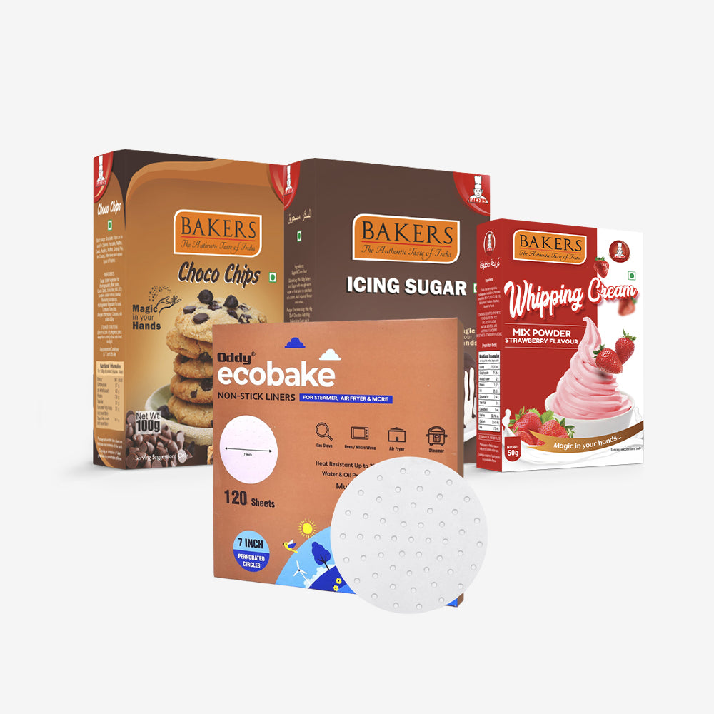 CAKE BAKE ESSENTIALS COMBO 16 - BAKERS Choco Chips  + Whipping Cream Strawberry Flavour + Icing Sugar + ODDY ECO BAKE  PAPER 7 INCH CIRCLE