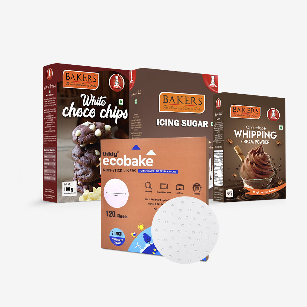 CAKE BAKE ESSENTIALS COMBO 17- BAKERS White Choco Chips  + Whipping Cream Chocolate Flavour + Icing Sugar + ODDY ECO BAKE  PAPER 7 INCH CIRCLE