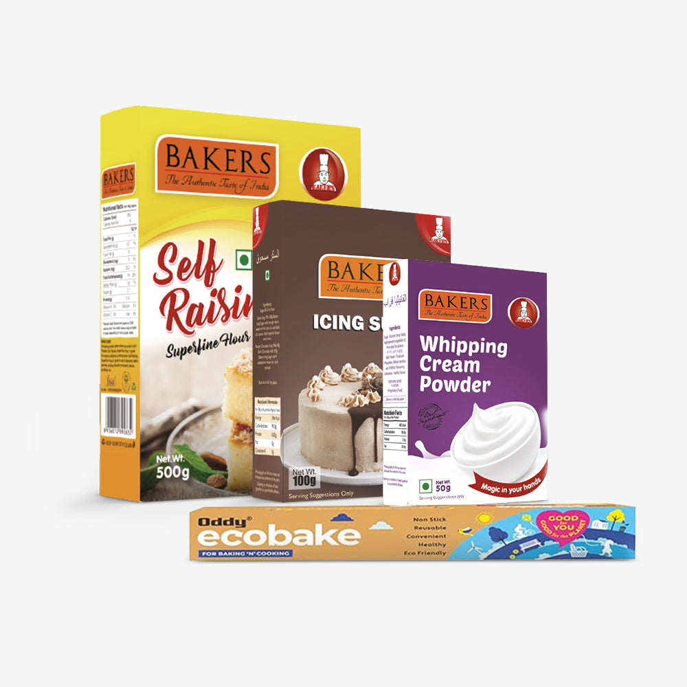 CAKE BAKE ESSENTIALS COMBO 3 - BAKERS Self-Raising Flour + Whipping Cream VANILLA + Icing Sugar + Oddy Ecobake  Heavy Duty Coated Cooking Paper