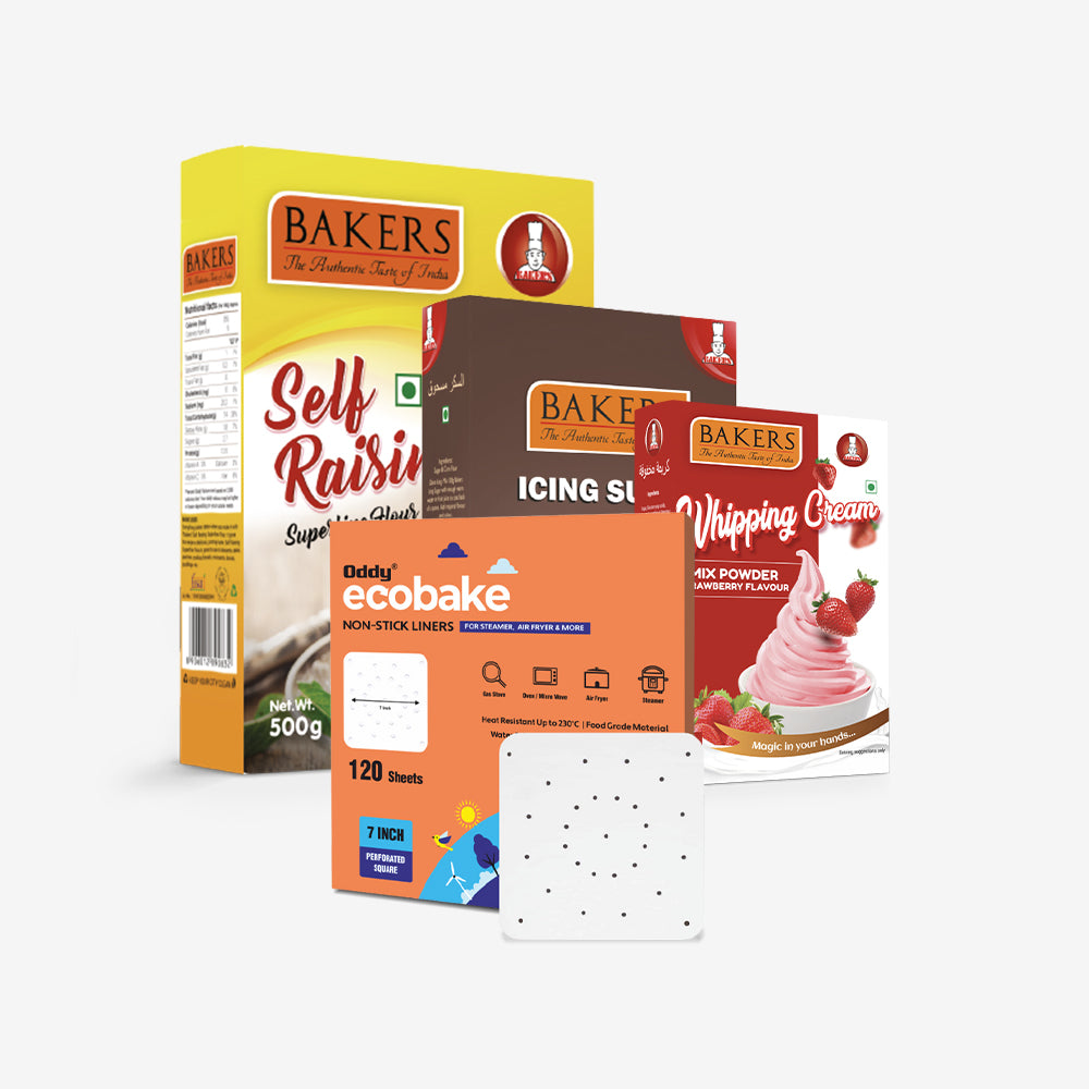 CAKE BAKE ESSENTIALS COMBO 4 - BAKERS Self-Raising Flour + Whipping Cream Strawberry + Icing Sugar + ODDY ECO BAKE  PAPER 7 INCH SQUARE