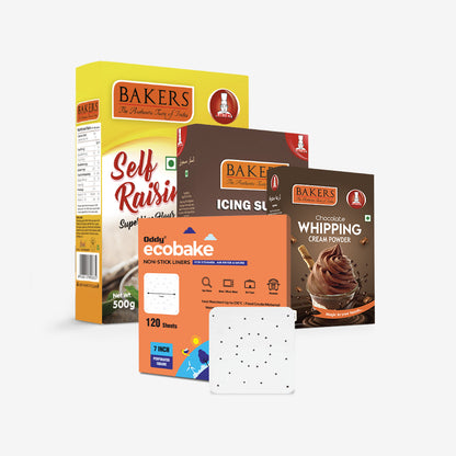 CAKE BAKE ESSENTIALS COMBO 5 - BAKERS Self-Raising Flour + Whipping Cream Chocolate+ Icing Sugar + ODDY ECO BAKE  PAPER 7 INCH SQUARE