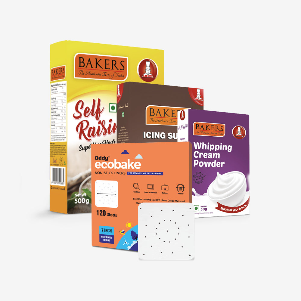 CAKE BAKE ESSENTIALS COMBO 6 - BAKERS Self-Raising Flour + Whipping Cream Vanilla + Icing Sugar + ODDY ECO BAKE  PAPER 7 INCH SQUARE