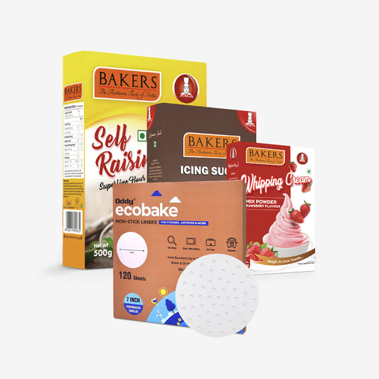 CAKE BAKE ESSENTIALS COMBO 7 - BAKERS Self-Raising Flour + Whipping Cream Strawberry + Icing Sugar + ODDY ECO BAKE  PAPER 7 INCH CIRCLE