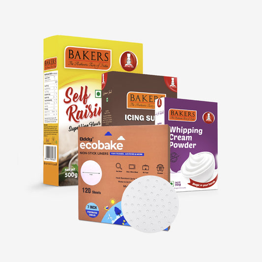 CAKE BAKE ESSENTIALS COMBO 9 - BAKERS Self-Raising Flour + Whipping Cream VANILLA + Icing Sugar + ODDY ECO BAKE  PAPER 7 INCH CIRCLE