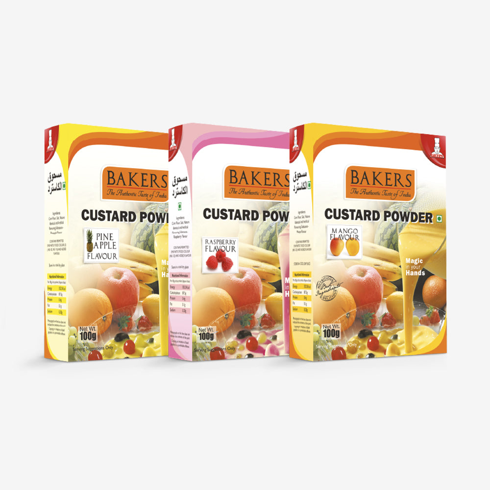 CUSTARD COMBO - BAKERS Custard Powder Pine Apple + Strawberry + Mango Flavour 100gm