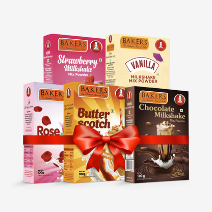 BAKERS Milkshake Mix Powder Pack of 5 VANILLA + STRAWBERRY + CHOCOLATE + BUTTERSCOTCH + ROSE