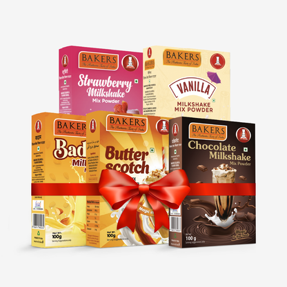 BAKERS Milkshake Mix Powder Pack of 5 VANILLA + STRAWBERRY + CHOCOLATE + BUTTERSCOTCH + BADAM