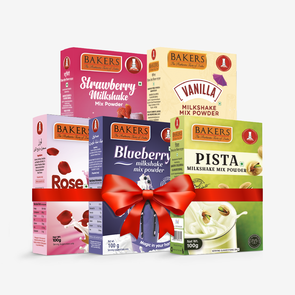 BAKERS Milkshake Mix Powder Pack of 5 VANILLA + STRAWBERRY + PISTA + BLUEBERRY + ROSE