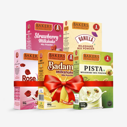 BAKERS Milkshake Mix Powder Pack of 5 VANILLA + STRAWBERRY + PISTA + BADAM + ROSE