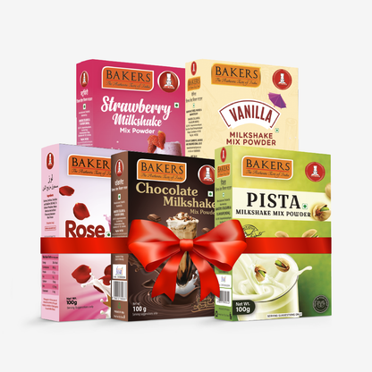 BAKERS Milkshake Mix Powder Pack of 5 VANILLA + STRAWBERRY + PISTA + CHOCOLATE + ROSE