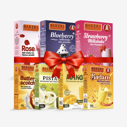 BAKERS Milkshake Mix Powder Pack of 7 STR. + MANGO + PISTA + BUTTERSCOTCH + BADAM + BLUEBERRY + ROSE - Pluugin Store