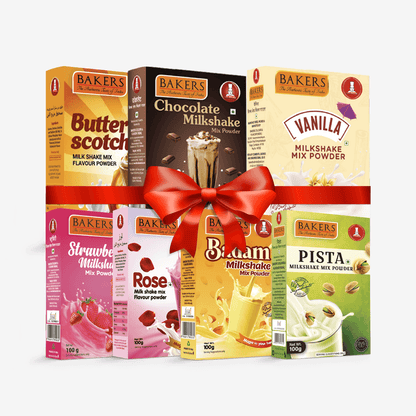 BAKERS Milkshake Mix Powder Pack of 7 VANILLA + STR. + PISTA + CHOCOLATE + BUTTERSCOTCH + BADAM + ROSE - Pluugin Store