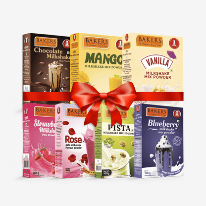 BAKERS Milkshake Mix Powder Pack of 7 VANILLA + STR. + MANGO + PISTA + CHOCOLATE + BLUEBERRY + ROSE - Pluugin Store