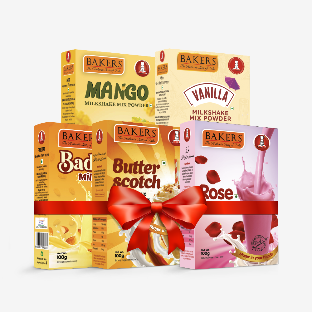 BAKERS Milkshake Mix Powder Pack of 5 VANILLA + MANGO + BUTTERSCOTCH + BADAM + ROSE