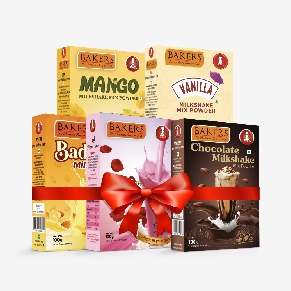 BAKERS Milkshake Mix Powder Pack of 5 VANILLA + MANGO + CHOCOLATE + BADAM + ROSE