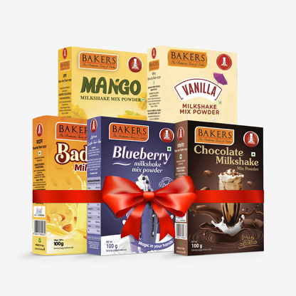 BAKERS Milkshake Mix Powder Pack of 5 VANILLA + MANGO + CHOCOLATE + BADAM + BLUEBERRY