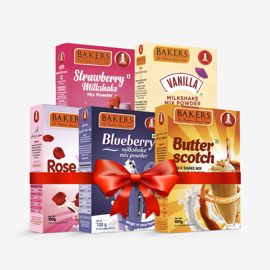 BAKERS Milkshake Mix Powder Pack of 5 VANILLA + STRAWBERRY + BUTTERSCOTCH + BLUEBERRY + ROSE