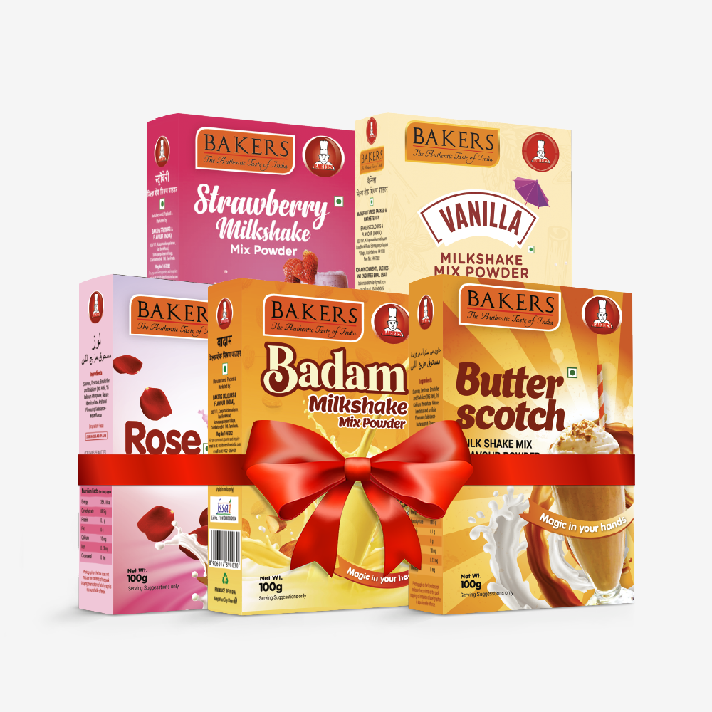 BAKERS Milkshake Mix Powder Pack of 5 VANILLA + STRAWBERRY + BUTTERSCOTCH + BADAM + ROSE