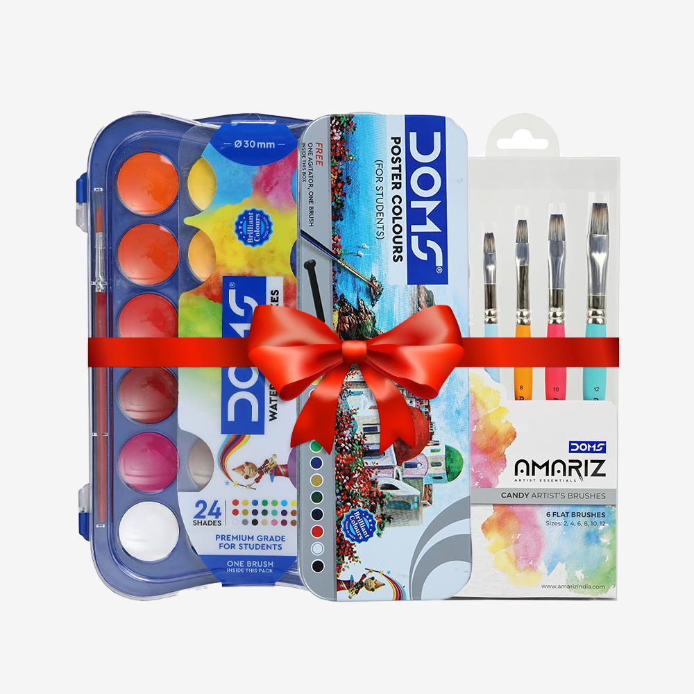 Doms 36 Shades 30mm Water Colour Cakes + DOMS AMARIZ Candy Brush Flat Set of 6 + Doms 12 Shades Poster Colours